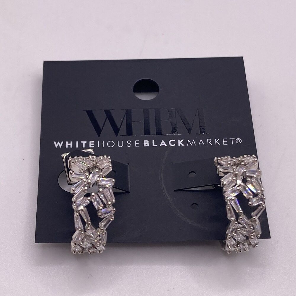 White House Black Market Silver Tone Crystal 1” Hoops